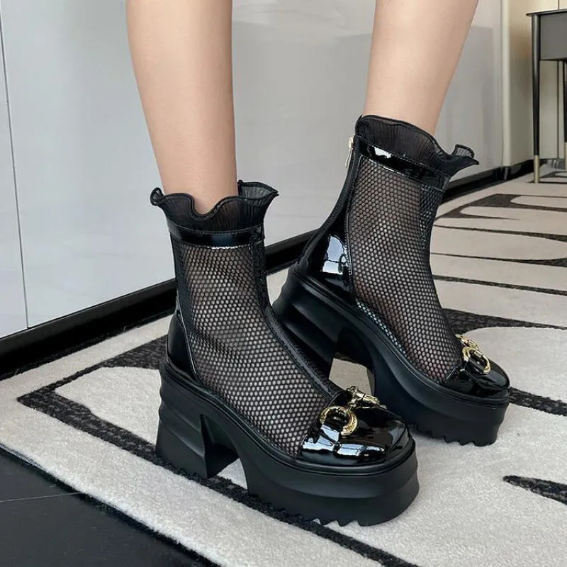 Super High Heel Summer Mesh Martin Boots for Women British Wild Chunky Heel Platform Breathable Sandal Boots Spring and Autumn Hollow out Ankle Boots