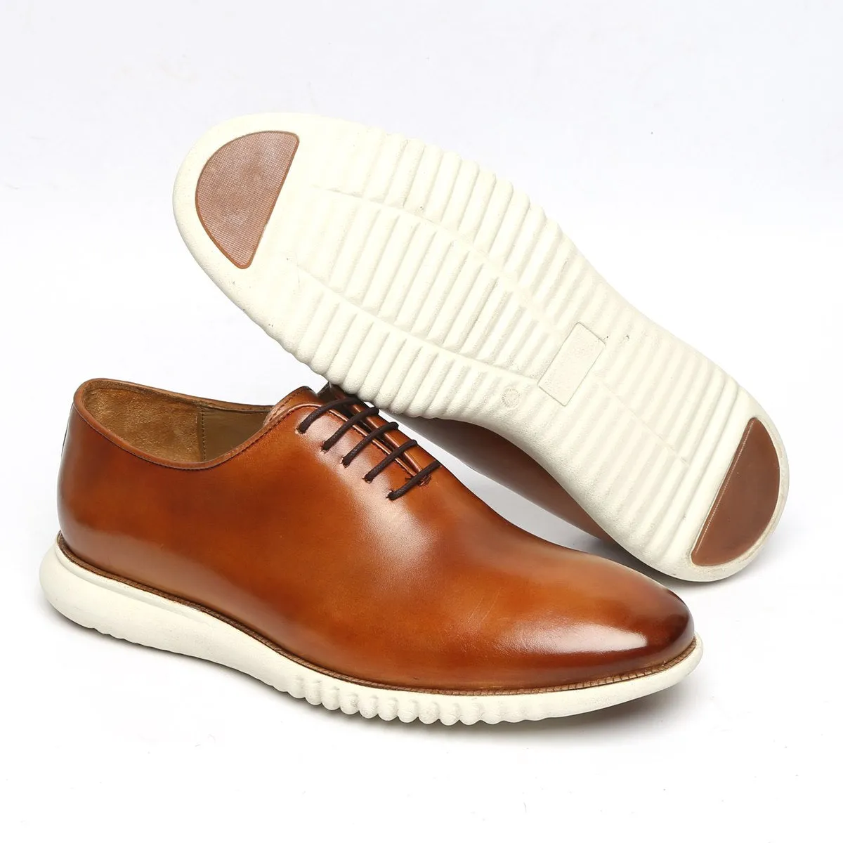 Tan Leather Lace-Up Sneakers With White Sole