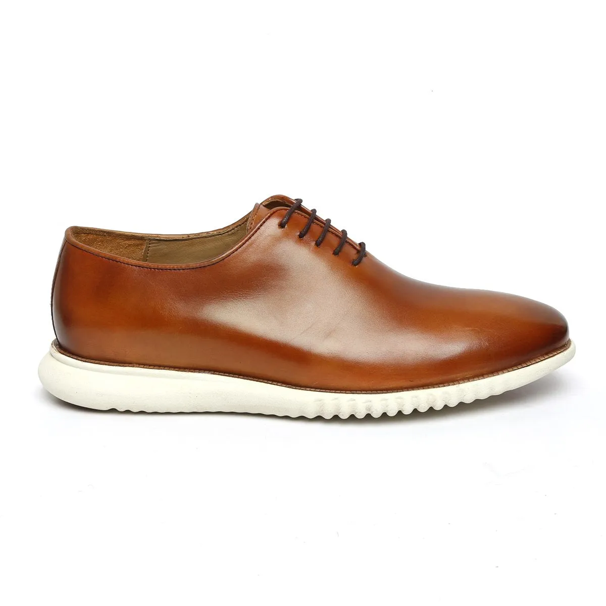 Tan Leather Lace-Up Sneakers With White Sole