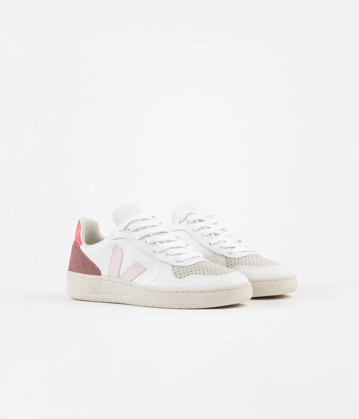 Veja Womens V-10 Leather Shoes - Extra White / Petale / Rose Fluoro