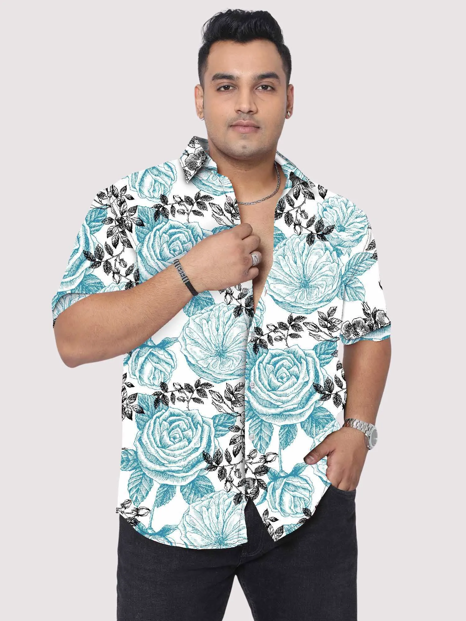 Wild Roses Blossom Digital Printed Half Sleeve Shirt Men's Plus Size